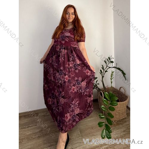 Šaty dlhé letné krátky rukáv dámske nadrozmer MARIA (50/52/54 ONE SIZE) TALIANSKA MÓDA IM425252/DU 50/52/54 vínová