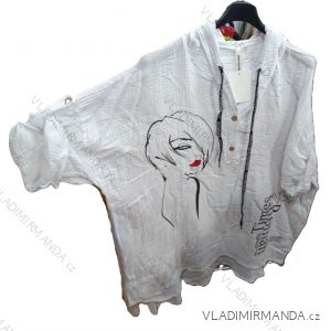 Košeľa s kapucňou mušelín 3/4 dlhý rukáv dámska nadrozmer (42/44/46 ONE SIZE) TALIANSKA MÓDA IMSM25070