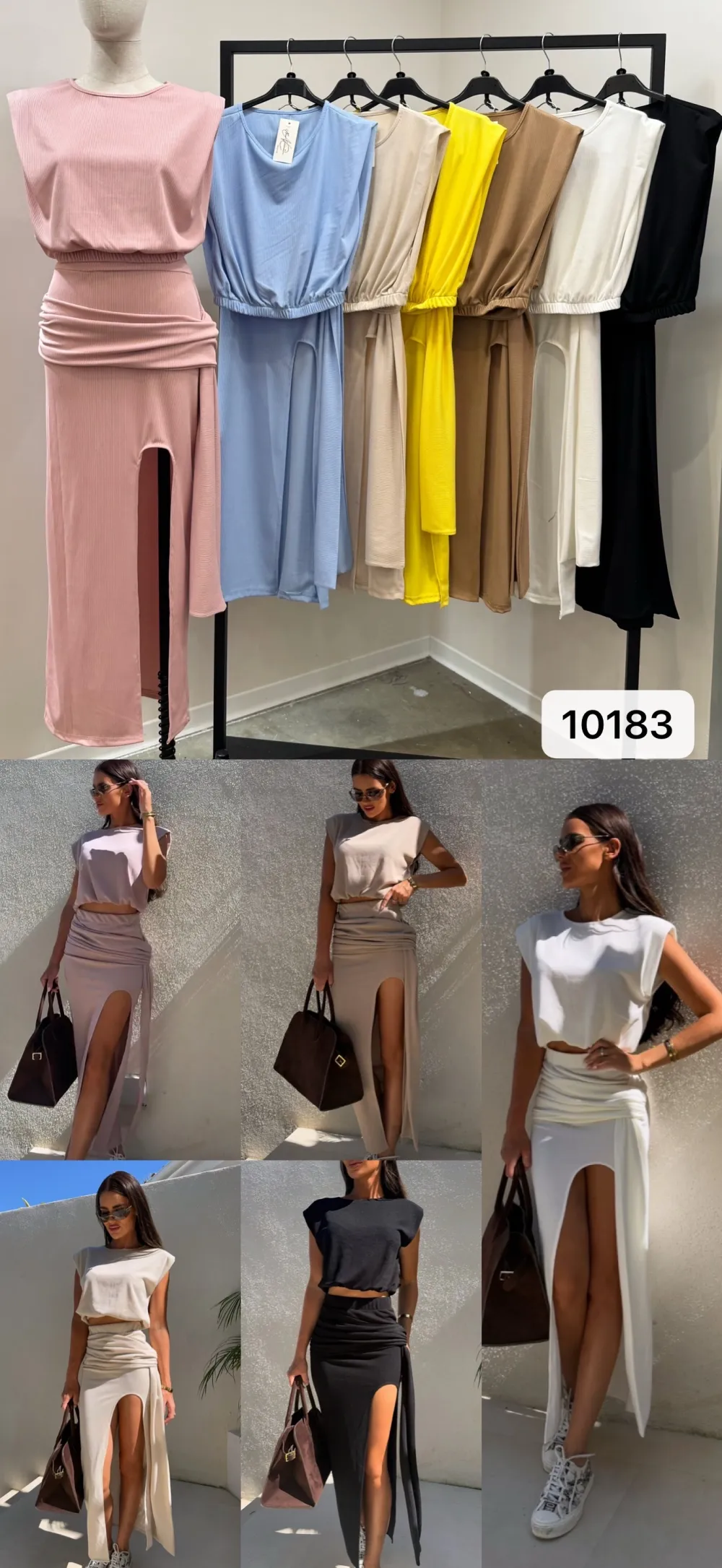 Súprava letný croptop krátky rukáv a sukňa dlhá dámska (S/M/L ONE SIZE) TALIANSKA MÓDA IMPOC2510183