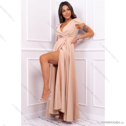 Šaty dlhé elegantné spoločenské bez rukávu dámske nadrozmer (36-52) POLSKÁ MÓDA PMLBF24GALA1 béžová 52