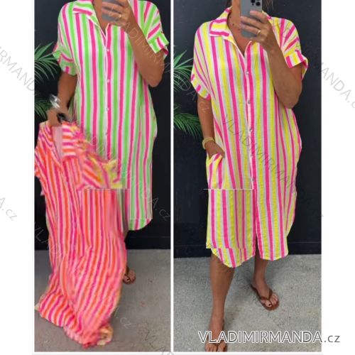 Šaty košeľové prúžok krátky rukáv dámske (S/M/L ONE SIZE) TALIANSKA MÓDA IM425336