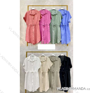 Šaty krátke ľanové sťahovací krátky rukáv dámske (S/M/L ONE SIZE) TALIANSKA MÓDA IMWKK251027