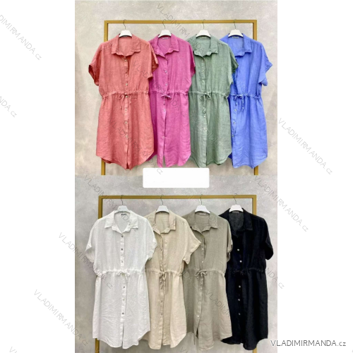 Šaty krátke ľanové sťahovací krátky rukáv dámske (S/M/L ONE SIZE) TALIANSKA MÓDA IMWKK251027