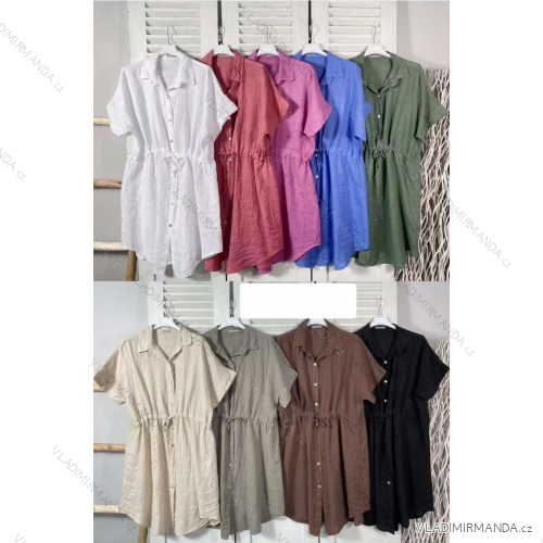 Šaty krátke ľanové sťahovací krátky rukáv dámske (S/M/L ONE SIZE) TALIANSKA MÓDA IMWKK251031