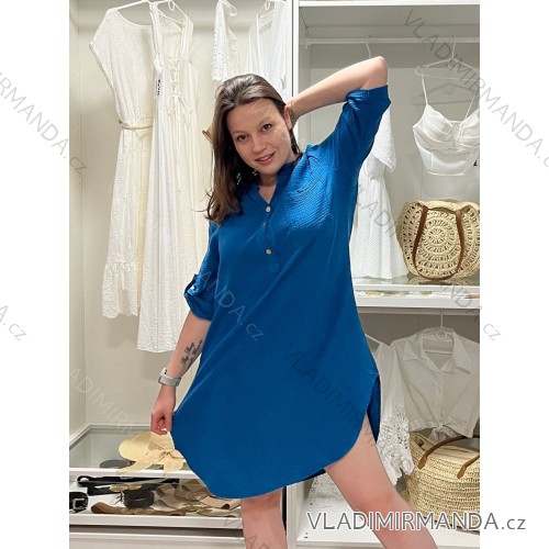 Košeľové šaty mušelínové 3/4 rukáv dámska (42/44/46) TALIANSKA MODA IMSM24004/DUR modrá petrolejová 