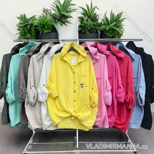 Košeľa predĺžená s kapucňou mušelín 3/4 dlhý rukáv dámska nadrozmer (54/56/58 ONE SIZE) TALIANSKA MÓDA IMWT251095