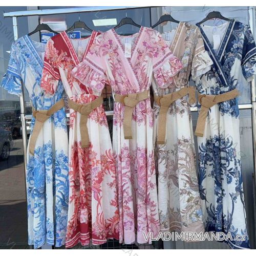 Šaty dlhé letné s opaskom krátky rukáv dámske (S/M/L ONE SIZE) TALIANSKA MÓDA IMWAB251570