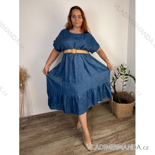 Šaty s páskem letné krátky rukáv dámske nadrozmer EMMA (48/50/52 ONE SIZE) TALIANSKA MÓDA IM42530002/DUR  tmavo modrá