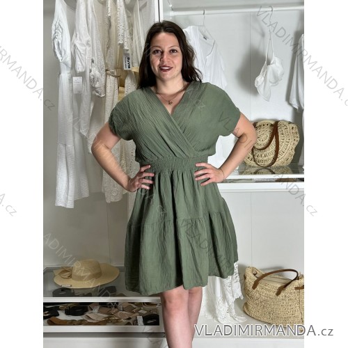 Šaty voľnočasové letný mušelín krátky rukáv dámske (S/M/L ONE SIZE) TALIANSKA MÓDA IM4250001/DUR - zelená khaki - S/M/L