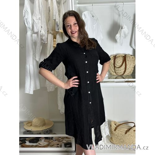Šaty ľanové košeľové krátky rukáv dámske (S/M/L ONE SIZE) TALIANSKA MODA IM7250001