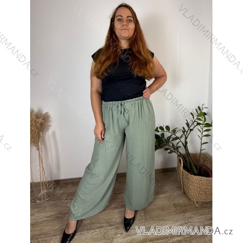 Nohavice dlhé letné dámske nadrozmer (42/44 ONE SIZE) TALIANSKA MÓDA IMC25292/DUR - zelená khaki - 42/44