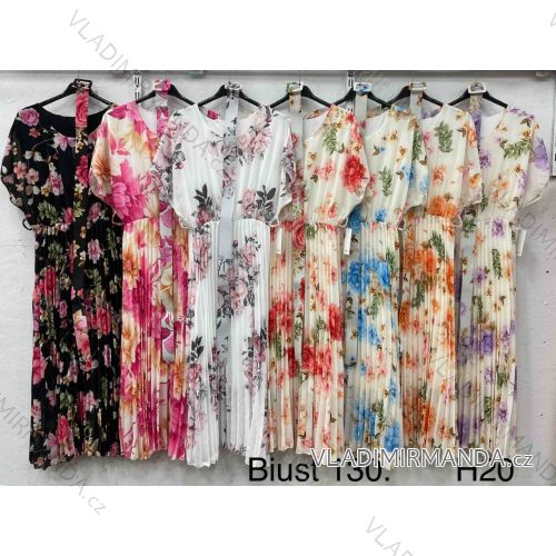 Šaty dlhé letné kvetované šifónové skladané s opaskom krátky rukáv dámske nadrozmer (42/44/46 ONE SIZE) ITALSKÁ MÓDA IMWHA251411