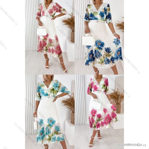 Šaty šifónové skladané kvetované 3/4 dlhý rukáv dámske nadrozmer (46/48/50 ONE SIZE) TALIANSKA MÓDA IMWGM251725