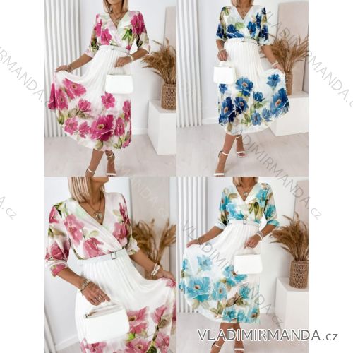 Šaty šifónové letné skladané a kvetované s opaskom 3/4 dlhý rukáv dámske nadrozmer (46/48/50 ONE SIZE) TALIANSKA MÓDA IMWGM251732