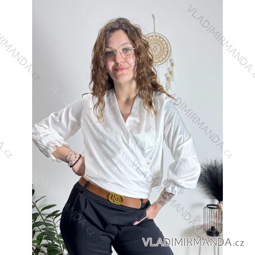 Tunika košeľa saténová dlhý rukáv dámska (S/M ONE SIZE) TALIANSKA MÓDA IMM24M2122/DUR biela S/M