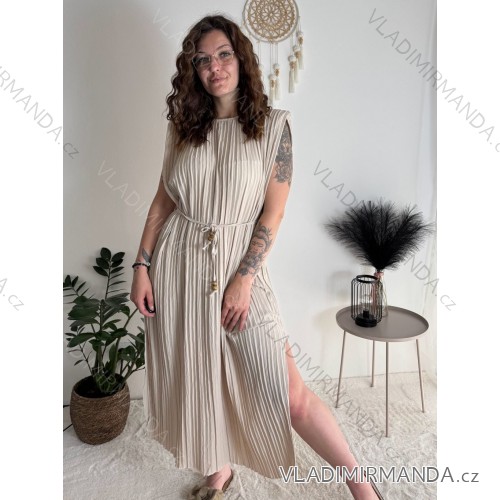 Šaty dlhé elegantné letné bez rukávov dámske nadrozměr BLANCA (52/54/56 ONE SIZE) TALIANSKA MÓDA IMC25293/DU smetanová béžová 52/54/56