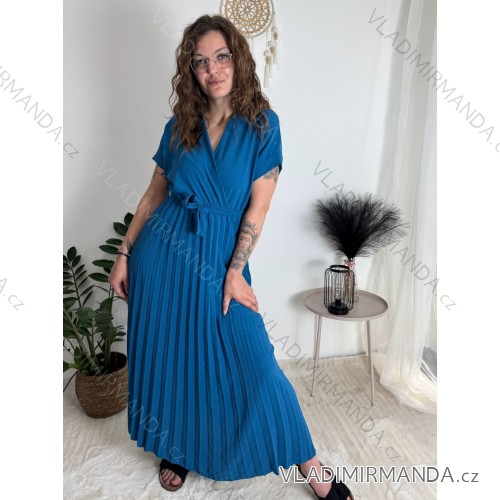 Šaty dlhé letné skládané krátky rukáv dámske ZUZA (S/M/L ONE SIZE) TALIANSKA MÓDA IMD251761/DUR petrolejová S/M/L