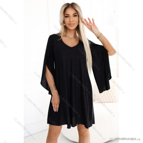 597-1 LIVIA Elegantné trapézové šaty s motýlími rukávmi - čierne s trblietkami