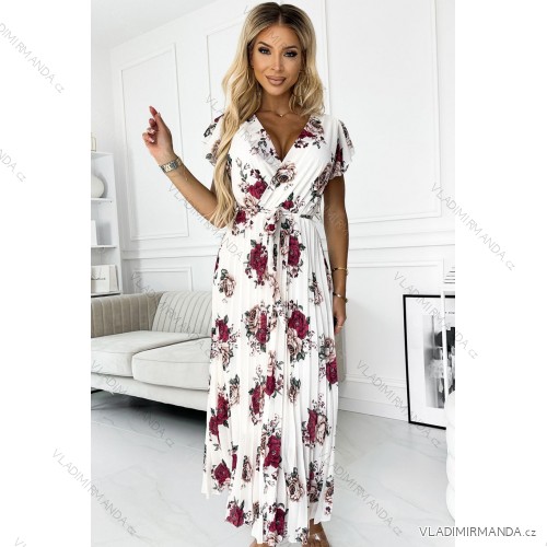 434-8 LISA Plisované midi šaty s výstrihom a volánikmi - bordové ruže