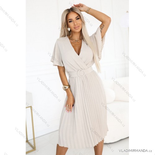 607-1 LYRA skladané midi šaty s výstrihom do V a širokým opaskom - béžové