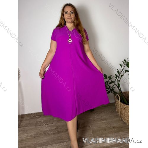 Šaty dlouhé s príveskom krátky rukáv dámske nadrozmer (48/50/52 ONE SIZE) TALIANSKA MÓDA IM425APOLENA/DUR fuchsiová 50/52