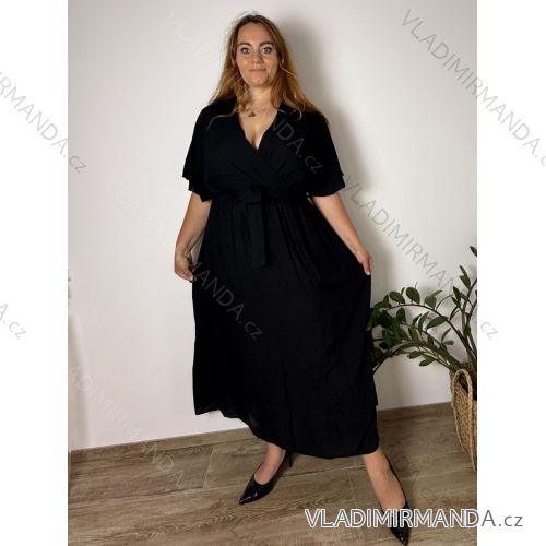 Šaty dlhé letné krátky rukáv dámske nadrozmer (52/54/56 ONE SIZE) TALIANSKA MÓDA IM425487/DU  čierna