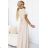 581-6 Dlhé šaty JENNIFER s rozparkom na nohaviciach, rukávmi a výstrihom - béžové