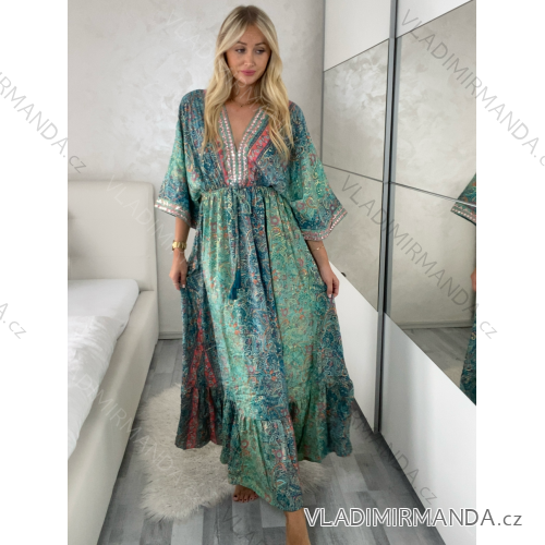 Šaty dlhé letný dlhý rukáv dámske LAJLA (S/M/L ONE SIZE) INDICKÁ MÓDA IMWKA25HE309G-4/DU S/M/L zelená