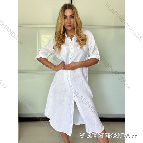 Šaty košeľové ľanové 3/4 dlhý rukáv dámske (S/M/L ONE SIZE) TALIANSKA MODA IM725157