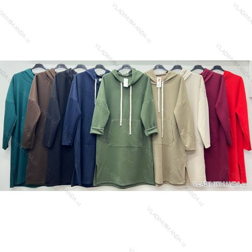 Šaty mikinové s kapucňou a vreckami dlhý rukáv dámske nadrozmer (52/54/56 ONE SIZE) TALIANSKA MÓDA IM425522