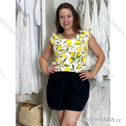 Tílko s volánem citrónky lemon, bodka a kvetované krátky rukáv dámske nadrozměr SENDY  (M/L/XL ONE SIZE) TALIANSKA MÓDA IMM25M7751/DU M/L/XL biela