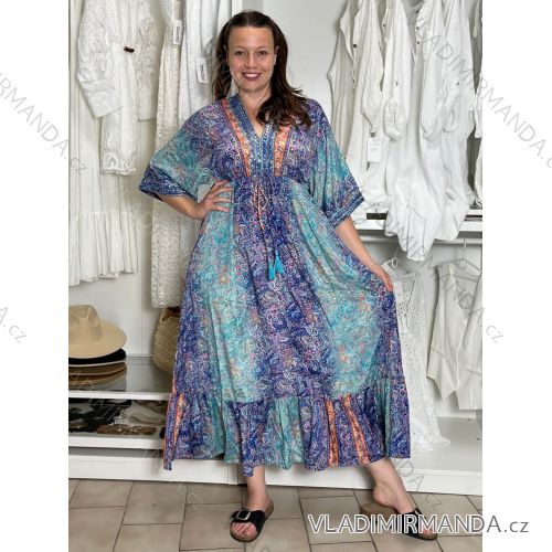Šaty dlhé letný dlhý rukáv dámske LAJLÁ (S/M/L ONE SIZE) INDICKÁ MÓDA IMWKA25HE309G-5/DU S/M/L modrá