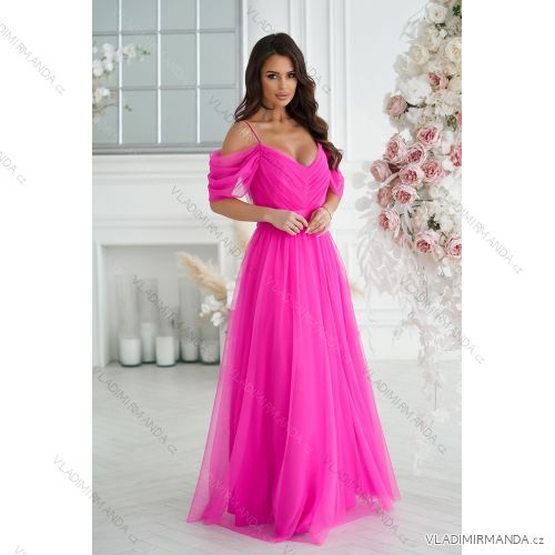 Šaty dlhé spoločenské na ramienka dámske (34-40) POLSKÁ MÓDA PMLBC24310-07/DR růžová fuchsiová 38