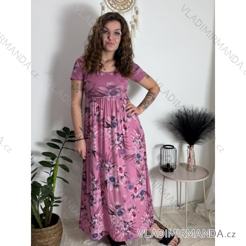 Šaty letné krátky rukáv dámske FLORA (S/M/L ONE SIZE) TALIANSKA MÓDA IMSM25019-1/DUR ružová S/M/L