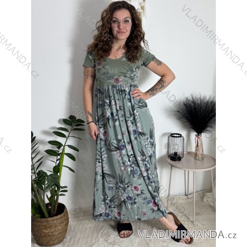Šaty letné krátky rukáv dámske FLORA (S/M/L ONE SIZE) TALIANSKA MÓDA IMSM25019-1/DUR zelená khaki S/M/L