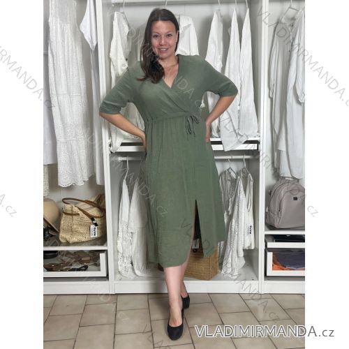 Šaty letné mušelínové krátky rukáv dámske JANET (S/M/L ONE SIZE) TALIANSKA MÓDA IMWGS232579/DU M / L zelená khaki