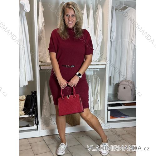 Šaty úpletové s opaskom krátky rukáv dámske nadrozmer DITA (M/L/XL ONE SIZE) TALIANSKA MÓDA IM425555/DR M/L/XL vínová