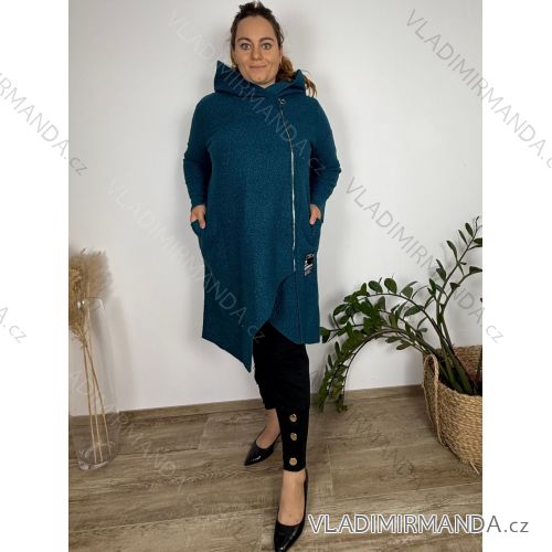 Kabát flaušový baránkový s kapucňou na zips dlhý rukáv dámsky nadrozmer (50/52/54 ONE SIZE) TALIANSKA MÓDA IM425500