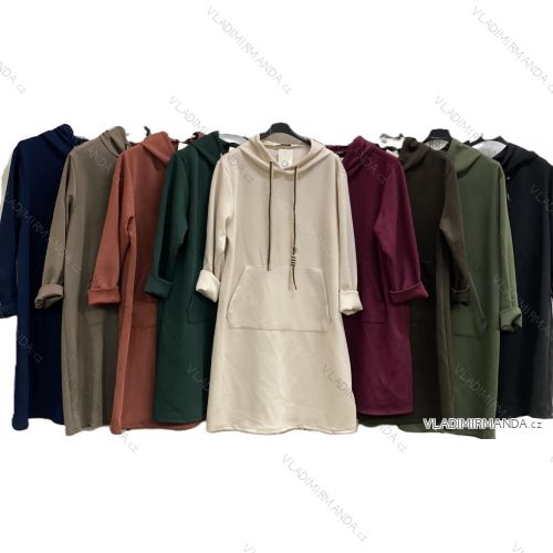 Šaty mikinové s kapucňou a vreckami dlhý rukáv dámske nadrozmer (50/52/54 ONE SIZE) TALIANSKA MÓDA IMC25336