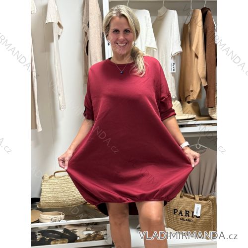 Šaty voľnočasové 3/4 rukáv dámske nadrozmer (54/56/58 ONE SIZE) TALIANSKA MÓDA IM4251137/DR 54/56/58 vínová