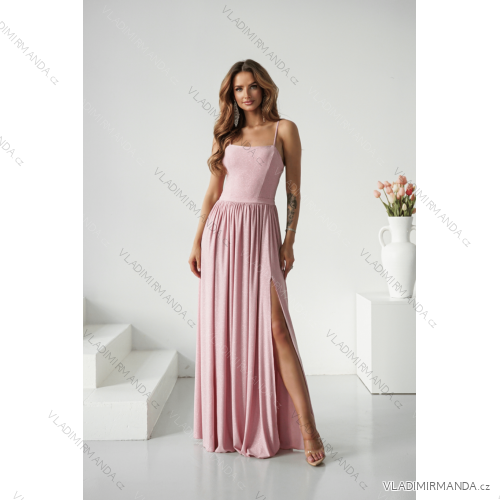 Šaty dlhé spoločenské trblietavé na ramienka dámske (34-38) POLSKÁ MÓDA PMLWD25AMELIA ružová staroružová 34