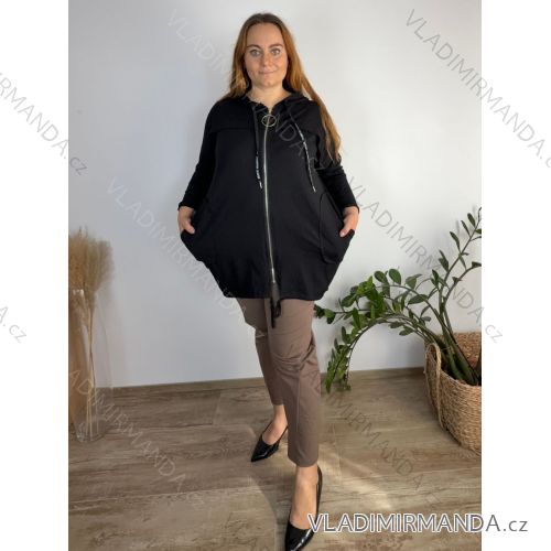 Mikina oversize na zips s kapucňou dlhý rukáv dámska nadrozmer BEATA  (54/56/58 ONE SIZE) TALIANSKA MÓDA IM423572/DR 54/56/58 čierna