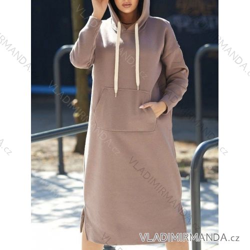Šaty mikinové maslové s kapucňou a vreckami dlhý rukáv dámske nadrozmer (54/56/58 ONE SIZE) TALIANSKA MÓDA IMD25159