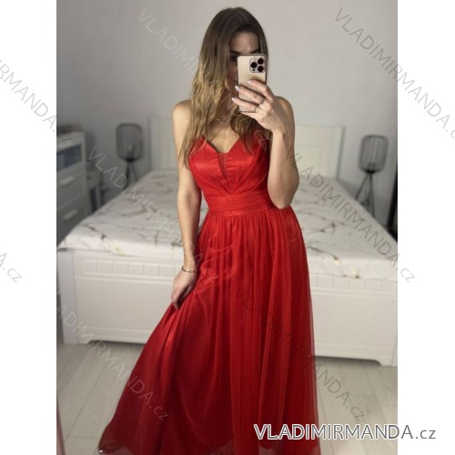Šaty dlhé spoločenské na ramienka dámske (S/M ONE SIZE) TALIANSKA MÓDA IMC23435/DUR červená S/M/L