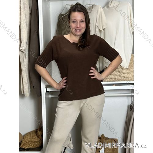 Sveter slabý krátky rukáv dámsky (S/M/L ONE SIZE) TALIANSKA MÓDA IMSM25103/DU hnědá S/M/L