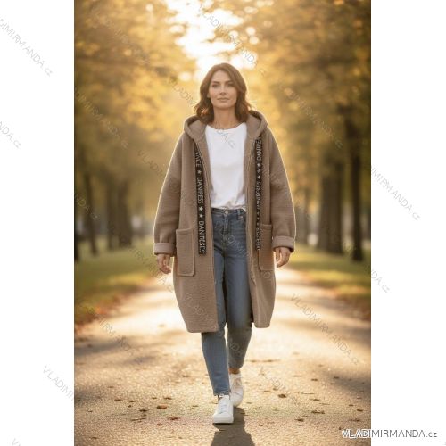 Kabát baránkový s kapucňou dlhý rukáv dámsky nadrozmer (50/52/54 ONE SIZE) TALIANSKA MÓDA IMD25271