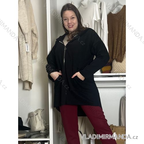Kabát flaušový na zips s kapucňou dlhý rukáv dámsky nadrozmer VIVIEN (46/48/50 ONE SIZE) TALIANSKA MÓDA IMD24443