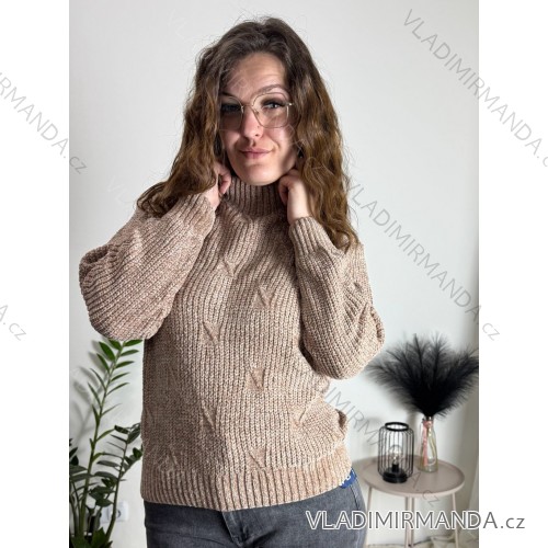 Sveter ženilkový se stojáčkem dlhý rukáv dámskyLENA  (M/L-XL/2XL ONE SIZE) ITALSKÁ MÓDA MUS25S012/DR XL/2XL hnědá