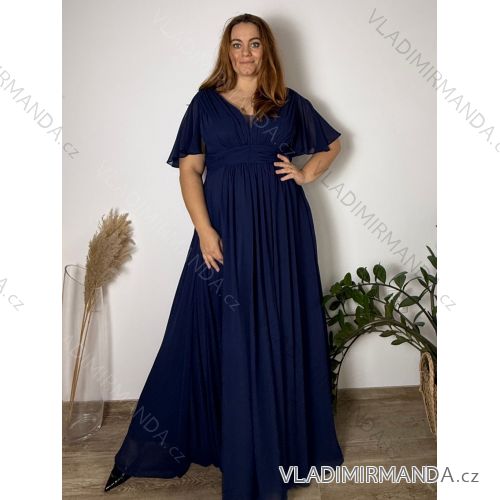 Šaty dlhé spoločenské krátky rukáv dámske nadrozmer BELLA (44/46/48 ONE SIZE) TALIANSKA MÓDA IMC25524/DUR 44/46/48 tmavo modrá