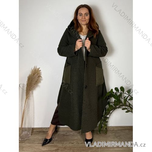 Kabát flaušový dlhý rukáv dámsky nadrozmer LADY (52/54/56 ONE SIZE) TALIANSKA MÓDA IMD25249/DUR  zelená khaki